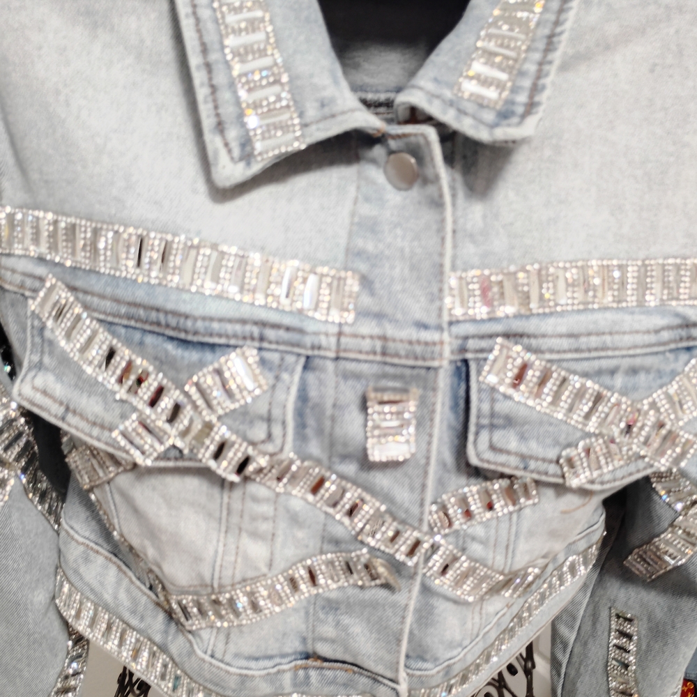 AKIRA Light Wash Denim Jean Jacket with Silver Rhinestone Trim